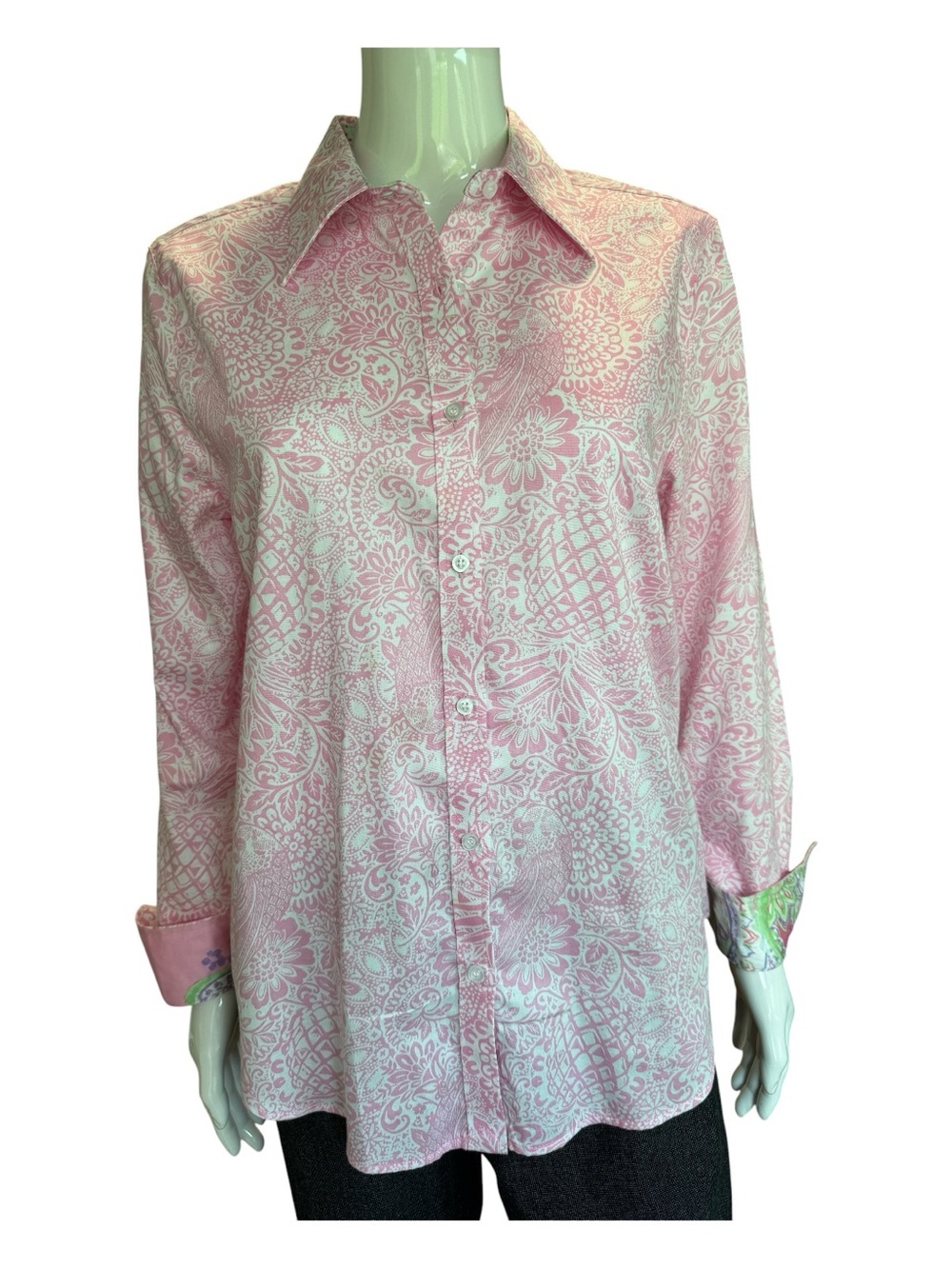 RUBY RD pink and white floral casual cotton blouse, size 12